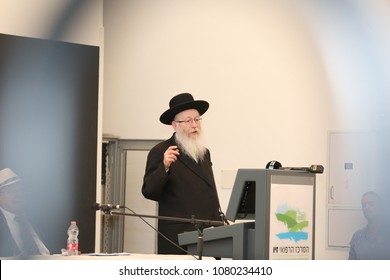 SAFED, ISRAEL - APR 24, 2018: Rabbi Yakov Litzman, Israeli Deputy Secretary Of The Ministry Of Health, Speaks At The Dedication Of The New Pet CT Unit In The Ziv Hospital In Safed, Israel