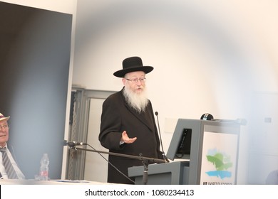 SAFED, ISRAEL - APR 24, 2018: Rabbi Yakov Litzman, Israeli Deputy Secretary Of The Ministry Of Health, Speaks At The Dedication Of The New Pet CT Unit In The Ziv Hospital In Safed, Israel