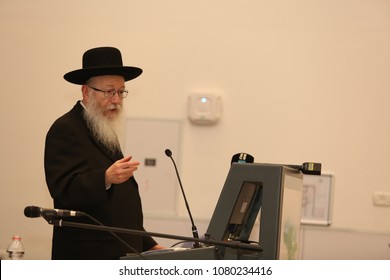 SAFED, ISRAEL - APR 24, 2018: Rabbi Yakov Litzman, Israeli Deputy Secretary Of The Ministry Of Health, Speaks At The Dedication Of The New Pet CT Unit In The Ziv Hospital In Safed, Israel