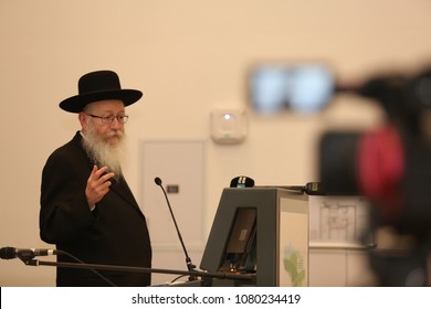 SAFED, ISRAEL - APR 24, 2018: Rabbi Yakov Litzman, Israeli Deputy Secretary Of The Ministry Of Health, Speaks At The Dedication Of The New Pet CT Unit In The Ziv Hospital In Safed, Israel