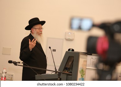 SAFED, ISRAEL - APR 24, 2018: Rabbi Yakov Litzman, Israeli Deputy Secretary Of The Ministry Of Health, Speaks At The Dedication Of The New Pet CT Unit In The Ziv Hospital In Safed, Israel