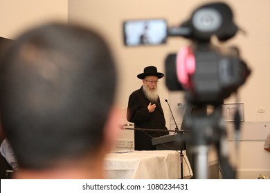 SAFED, ISRAEL - APR 24, 2018: Rabbi Yakov Litzman, Israeli Deputy Secretary Of The Ministry Of Health, Speaks At The Dedication Of The New Pet CT Unit In The Ziv Hospital In Safed, Israel