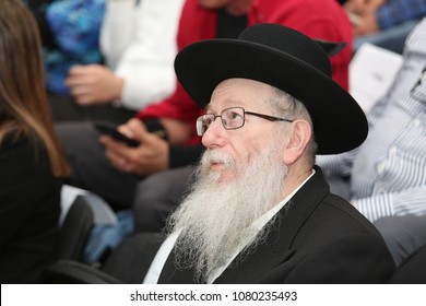 SAFED, ISRAEL - APR 24, 2018: Rabbi Yakov Litzman, Israeli Deputy Secretary Of The Ministry Of Health, Sits In Audience At The Dedication Of The New Pet CT Unit In The Ziv Hospital In Safed, Israel