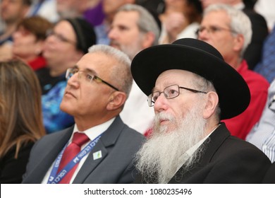 SAFED, ISRAEL - APR 24, 2018: Rabbi Yakov Litzman, Israeli Deputy Secretary Of The Ministry Of Health, Sits In Audience At The Dedication Of The New Pet CT Unit In The Ziv Hospital In Safed, Israel