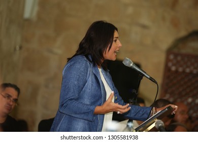 SAFED, ISRAEL - OCT 2, 2018: Minister Of Sports, Miri Regev, Speaks At An Israeli Political Rally For The Likud Party In Safed, Israel.