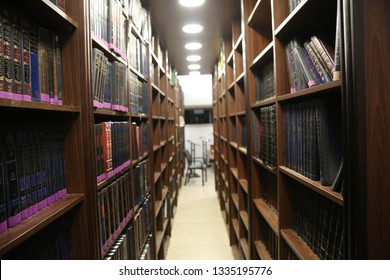 SAFED, ISRAEL - OCT 25, 2018: Unidentified Jewish youth hang out in the halls of a Jewish religious library in Safed, Israel
