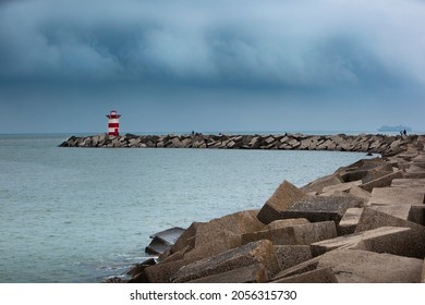 Safety beacon and rain clouds in Scheveningen in the Netherlands