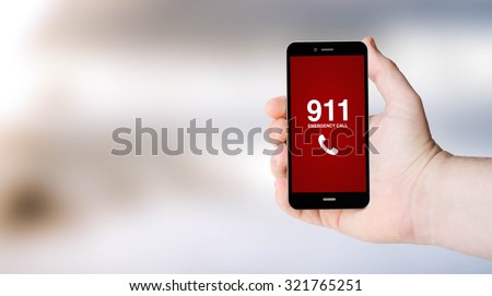 safety concept: 911 sign on digital generated phone screen with sea background. All screen graphics are made up.