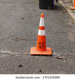 Safety Cone Set￼up On August 4, 2020 Due To￼ Tropical Storm On Staten Island New York￼. Safety￼ Cone Placed Due To Tree Blocking Road And Down Power Lines.