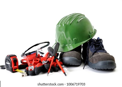 Safety Equipment And Tools For Working On A Residential Electrical Installation, Photographed On A White Background.