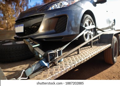 Safety First Car Using Ratchet Tension Tightening Ensure Is't Does Move Forward Or Backward While Transporting Relocating On Trailer   