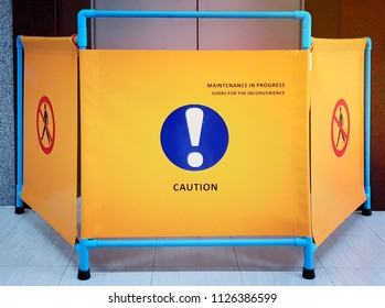 The Safety First Concept, Blocking Space By Technicians For Repair And Maintenance Of Elevator Passenger. Can See Caution And Don't Pass Sign , And Label Of Many Sign Of Safety On Elevator Door