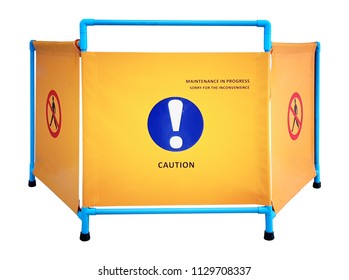 The Safety First Concept, The Isolated Front Image Of Blocking Space By Technicians For Repair And Maintenance Of Elevator Passenger. Can See Caution And Don't Pass Sign. Die Cut On White Background