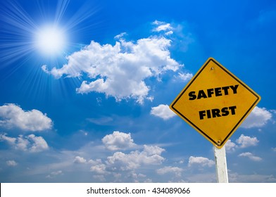 Safety First Sign Banner And Clouds Blue Sky Background