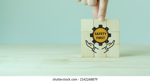 Safety First Symbols, Work Safety, Caution Work Hazards, Danger Surveillance, Zero Accident Concept. Wooden Cubes With Smart Grey Background. Employees Safety Awareness At Workplace. Safety Banner.