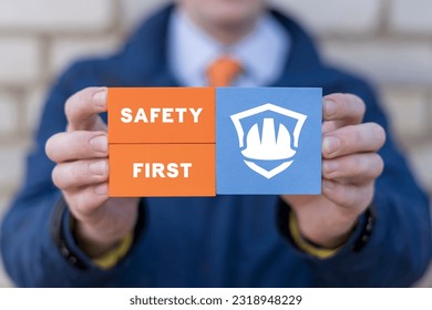 Safety first, work safety, caution work hazards, danger surveillance, zero accident concept. Employees safety awareness at workplace. Safety banner for business, industry.