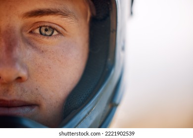 Safety, Helmet And Face Portrait Of Biker For Outdoor Sports, Action And Adventure. Mountain Bike, Motorcross And Man With Biking Gear Ready For Cycling, Riding And Dirt Racing On Motorcycle For Fun