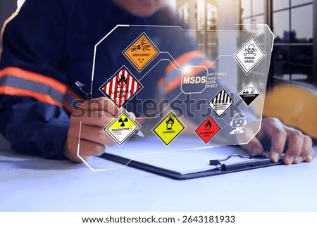Safety material data sheet connection linked on virtual screen with safety staff working on desktop to checking dangerous materials include hazard information and first aid for injury case