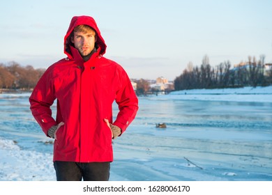 Safety measures. Polar explorer. Winter menswear. Winter outfit. Comfortable outfit. Man warm jacket snowy nature background. Exploration of polar regions. Winter destinations. Winter fishing. - Powered by Shutterstock