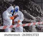Safety and Protective Measures:A close-up view captures skilled professionals in full protective suits meticulously inspecting materials potentially containing asbestos at a waste disposal site.