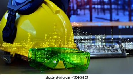 Safety in Refinery Concept , Double exposure of Hard hat on working table in oil refinery plant heavy petrochemical industry estate use for energy , power , fuel ,gas and fossil petroleum topic