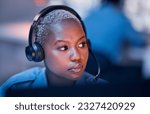 Safety, security or woman in call center for emergency or legal service thinking of danger in office at night. Worker, law patrol or face of female police contact agent with headset for communication