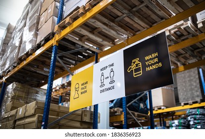 Safety Signs On Shelves Indoors In Warehouse, Coronavirus Concept.