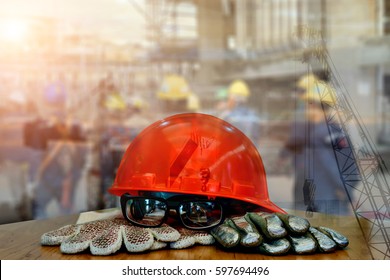 safety standard set  on working table and construction background .