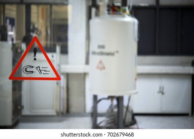 Safety Symbol Before Entering The Nuclear Laboratory.  Nuclear Magnetic Resonance Spectroscopy (NMR) Machine