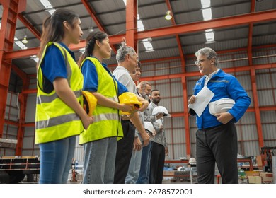 Safety training session for construction workers warehouse group meeting indoor eye-level professional development