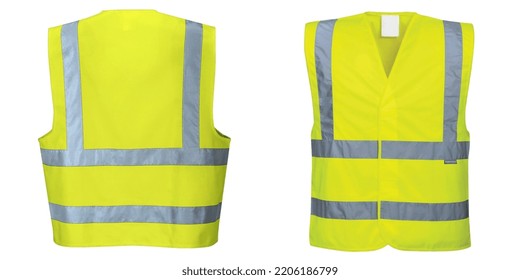 Safety Vest Jacket, Isolated Security, Traffic, And Worker Uniform Wear. Fluorescent Green Waistcoat Realistic Mockup With Reflective Stripes And Zip, Personal Protective Clothing