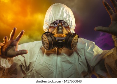 Safety Virus Infection Concept. Man In Protective Suit And Antigas Mask With Glasses. Ebola, Toxic Gases, Biological Warfare, Infections And Diseases