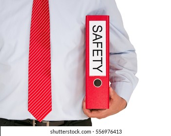 Safety At Work - Businessman With Red Binder On White Background