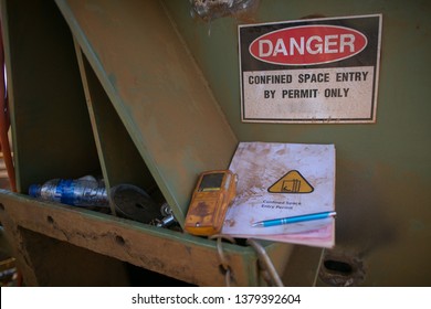 Safety Work Place Danger Confined Space Sign With Gas Detector And Entry Permit Book Placing At The  Confined Space Entry Door Ready To Used Construction Mine Site Sydney Australia  