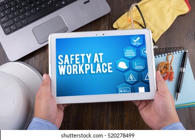 SAFETY AT WORKPLACE On Tablet Pc, Safety & Health At Work Concepts
