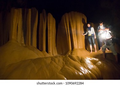 Sagada, Mountain Province/Philippines-January 10, 2015: Tourists Enjoy Spelunking Inside The Famous Sumaguing Cave.