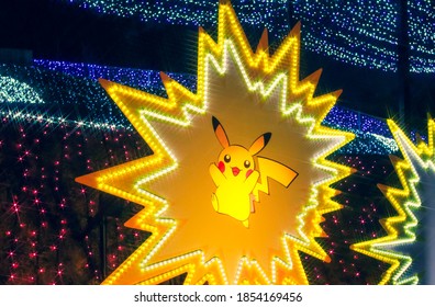 Sagamihara, Japan - November 14, 2020 - Pokémon Winter Illumination At The Amusement Park Sagami Pleasure Forest