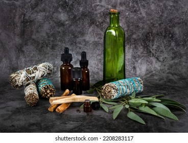 Sage, Palo Santo In Front Of Gray Background