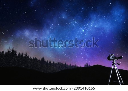 Sagittarius (Archer) constellation in starry sky over conifer forest at night. Stargazing with telescope