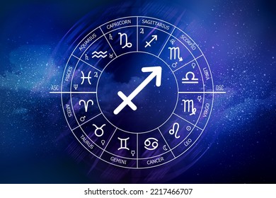 Sagittarius zodiac sign. Abstract night sky background. Sagittarius icon on blue space background. Zodiac circle on a dark blue background of the space. Astrology. Cosmogram