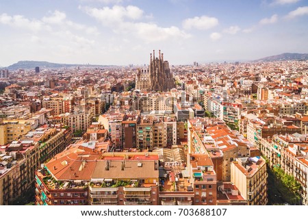 Sagrada Familia cathedral and Barcelona cityscape in Spain, aerial view. 