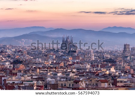  Sagrada familia and panorama view of barcelona city at dusk ,Spain