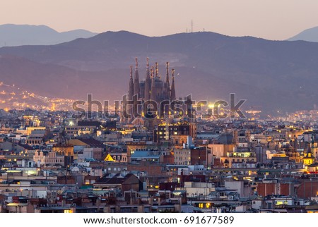 Sagrada familia skyline at dusk Barcelona city,spain