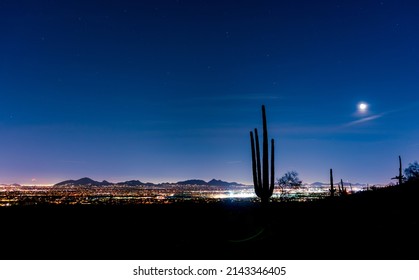 Saguaro Cactus Silhouette Overlooking Scottsdale, AZ At Night With Full Moon