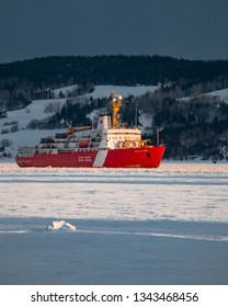 Saguenay, Québec/Canada - 03 19 2019 : An Ice Breaker Ship From The Canadian Coast Guard In Action.