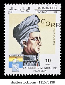 SAHARA - CIRCA 1992: A Stamp Printed In Sahrawi Arab Democratic Republic, Shows Portrait Of Americo Vespucio, The Same Inscription, Series 