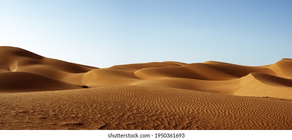 The Sahara Desert With Sand Dunes And Blue Sky