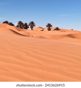 Saharan Oasis Serenity: Palm Trees Amidst Sandy Dunes in the Arid Wilderness