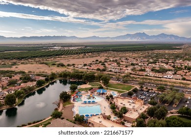 Sahuarita Lake In Arizona Near Tucson Residential Neighborhood Suburbs. Urbanization And Population Growth Concept.