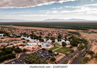 Sahuarita Lake In Arizona Near Tucson Residential Neighborhood Suburbs. Urbanization And Population Growth Concept.